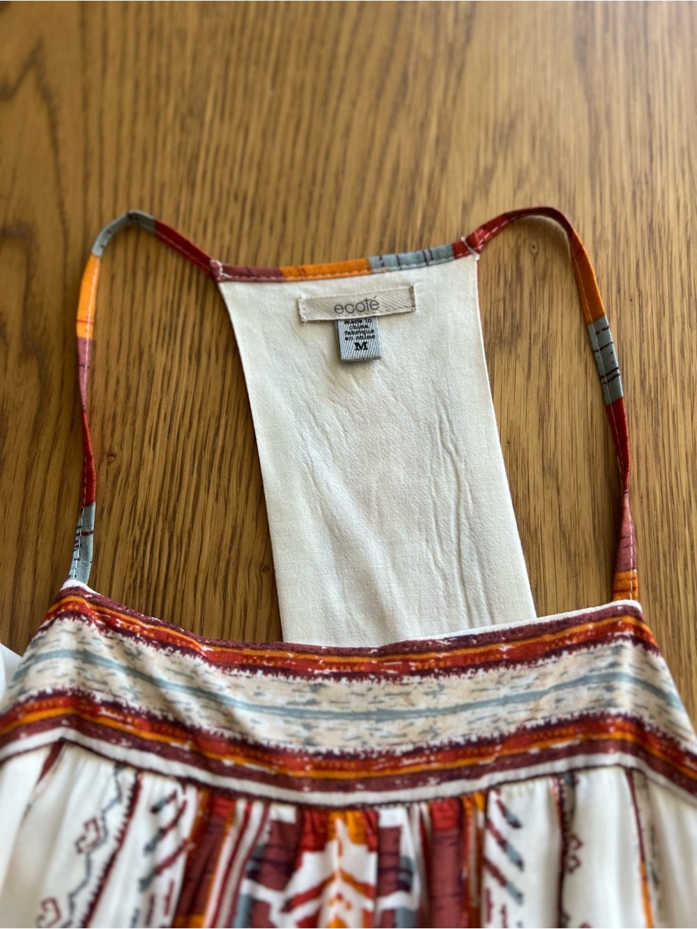 Boho White Mini Sun Dress with Orange and Turquoise Geometric Racerback Design - Picture 11 of 13